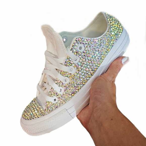 Bling Low Top Converse Shoes Womens Sneakers Bedazzled with Rhienstones - Picture 3 of 5